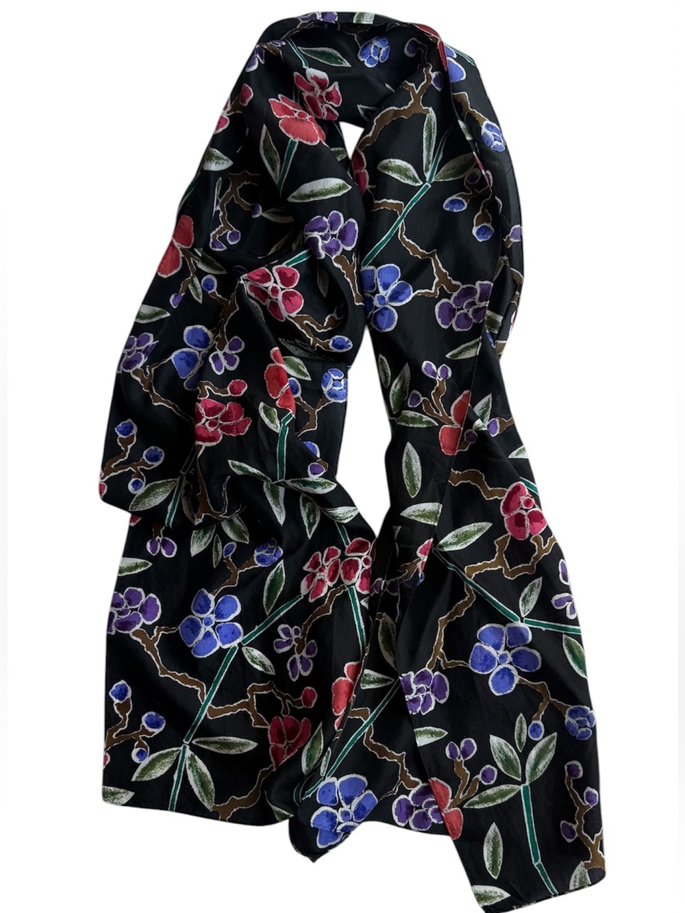 Vintage 100% Silk Floral Scarf Black Red Blue Botanical Rectangular